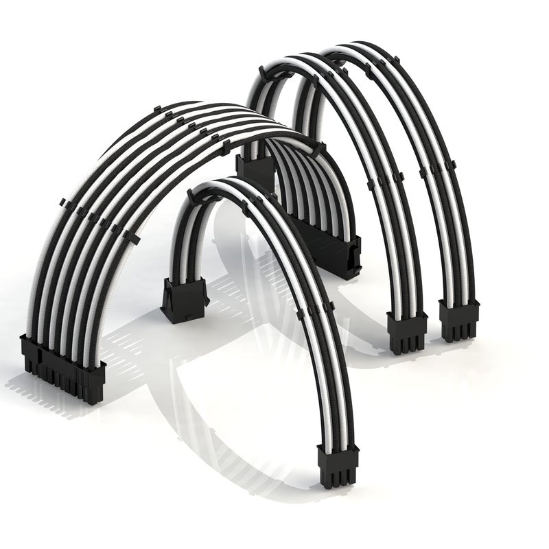 LINKUP - AVA 30cm PSU Cable Extension Sleeved Custom Mod GPU PC Braided w/Comb Kit | 1 x 24 P (20+4) | 1 x 8 P (4+4) CPU | 2 x 8 P (6+2) GPU Set | 300mm - WhiteBlack - Image 1
